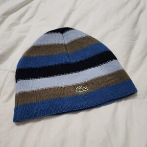 Lacoste Striped Wool Beanie Hat Blue Brown White Crocodile Logo 100% Wool VTG